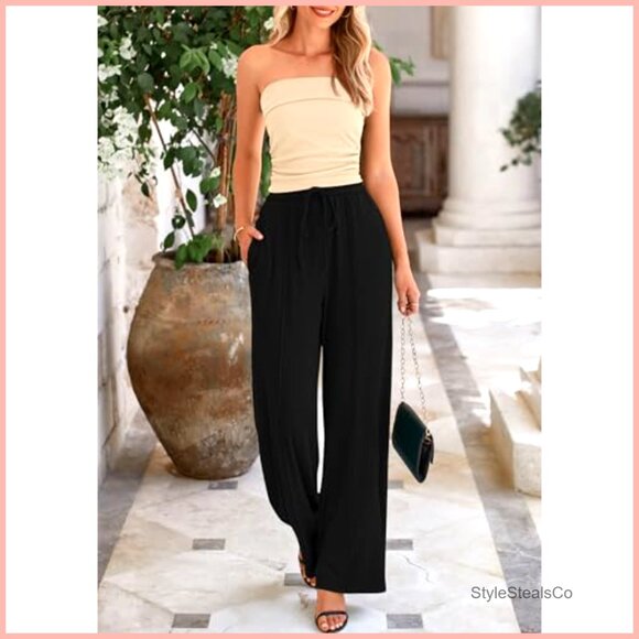 Ribbed Knit Crop Top & Wide Leg Pants Lounge Set, Polyester Elastane - Picture 6 of 6